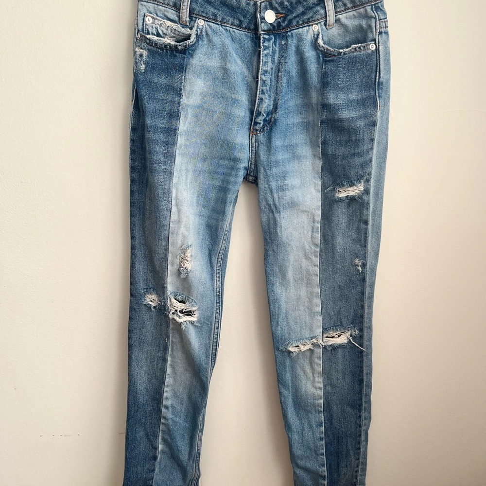 Free People Blue Distressed Boyfriend Jeans